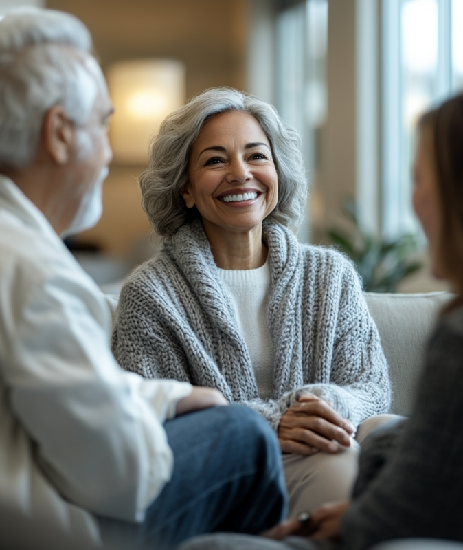 Smiling residents enjoying conversation in a common area.