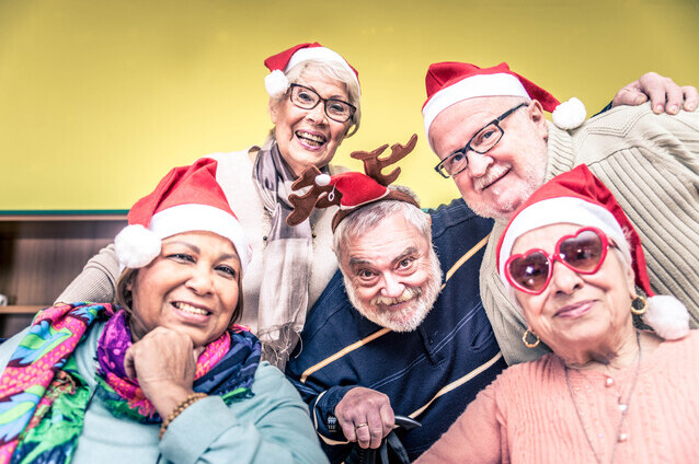 Residents celebrating with festive hats
