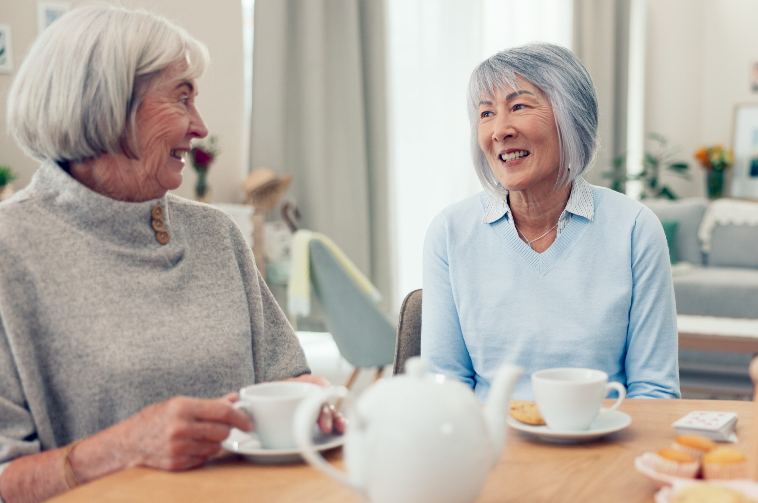 Two senior women enjoying tea and conversation