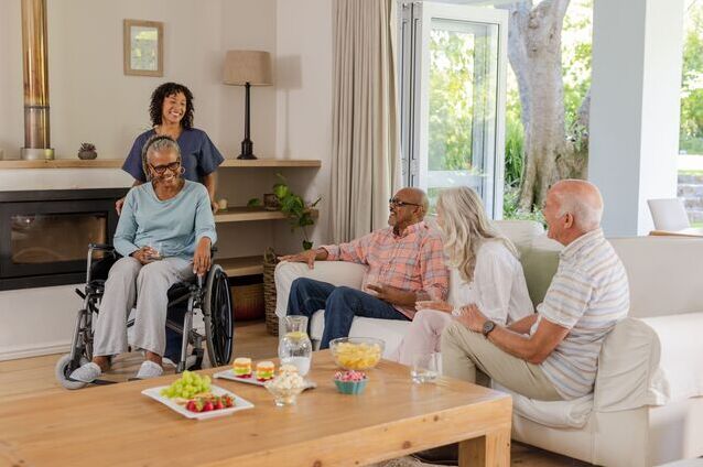 Residents and staff enjoying time together in a common area.