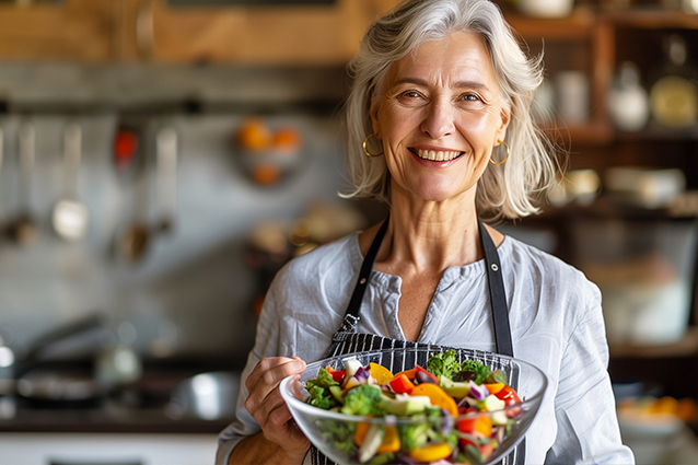 Senior woman holding a bowl of fresh salad