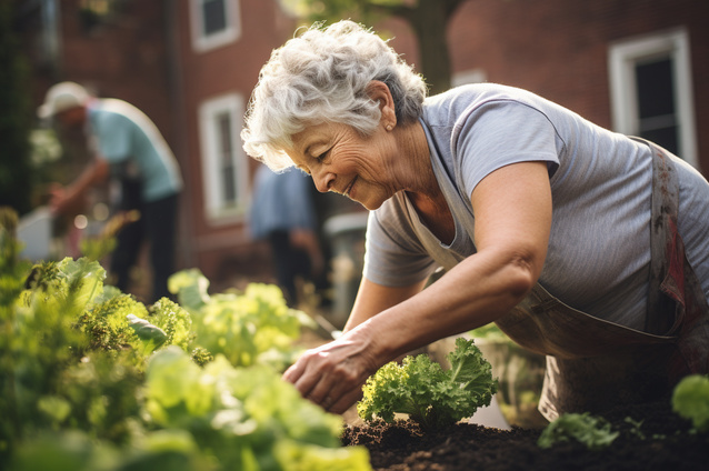 Senior woman gardening in a community garden