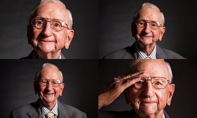 Portraits of an elderly man smiling and posing.