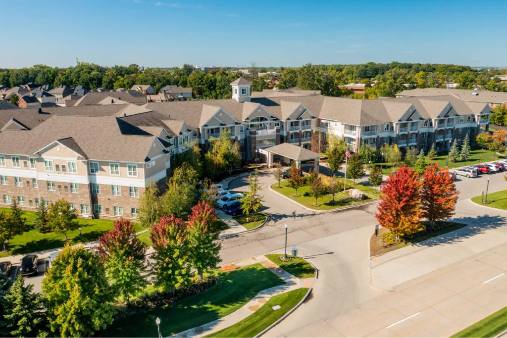 Aerial view of Rose Senior Living building and landscape.