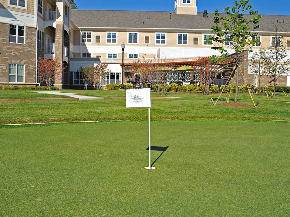 Lawn area with a flag and building in background