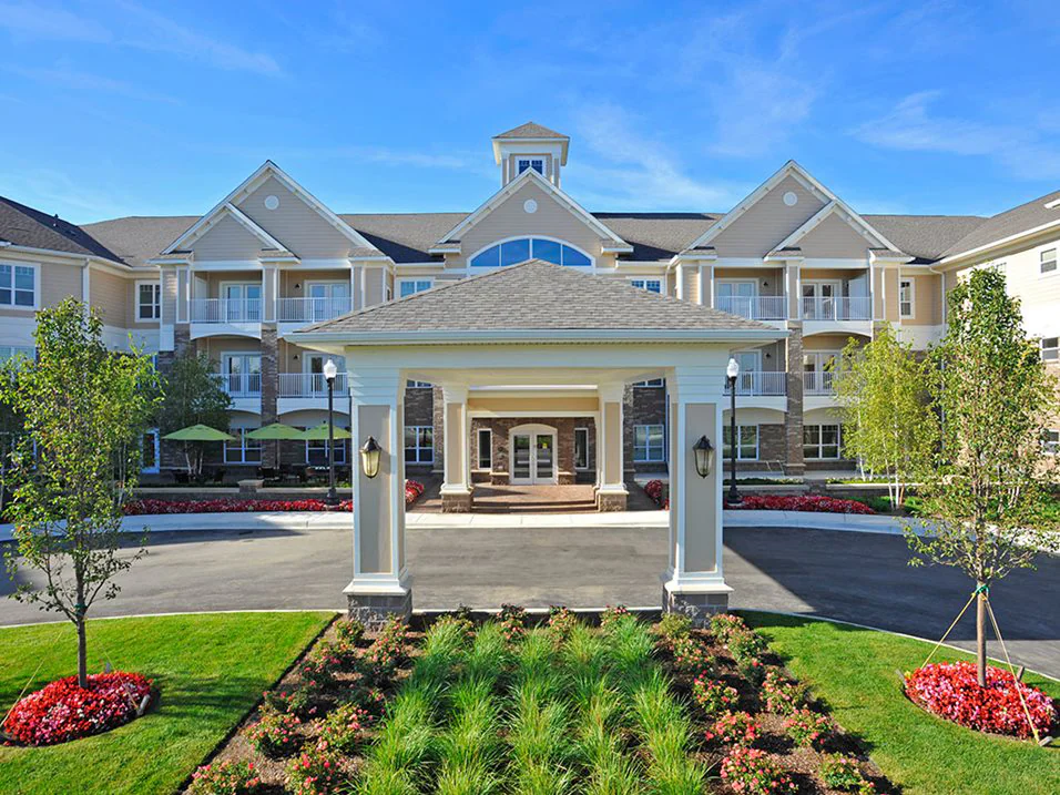 Exterior view of a senior living facility entrance