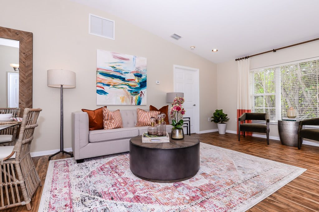 Bright interior of a living room with cozy furniture