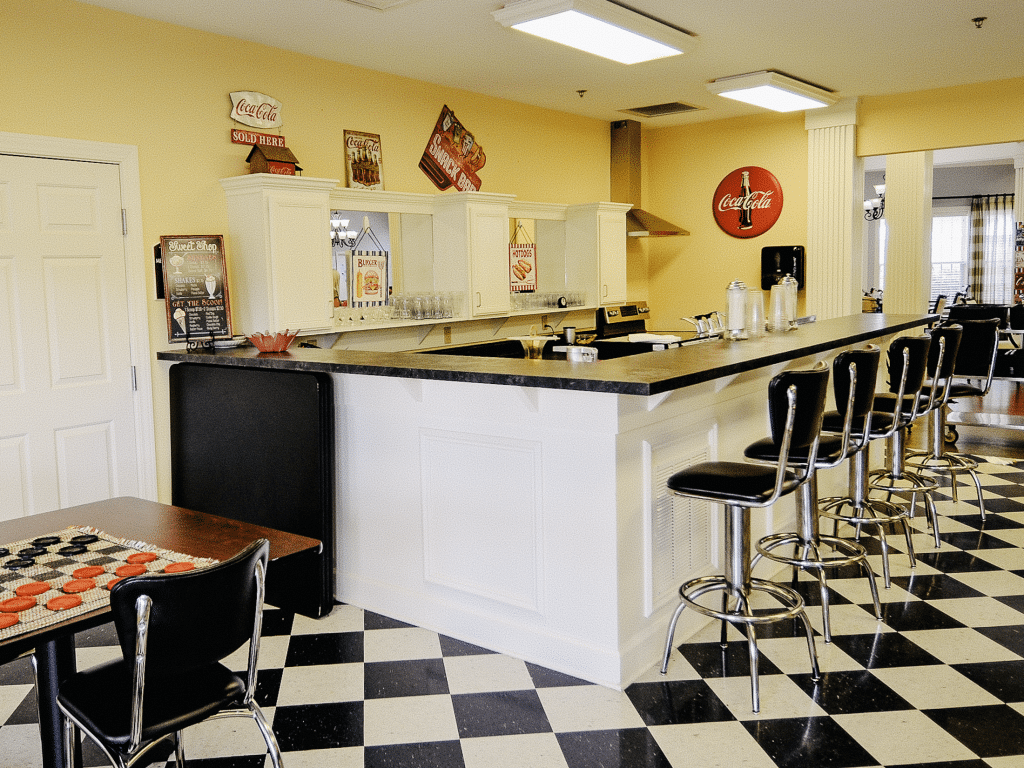 Interior view of a dining area with a bar