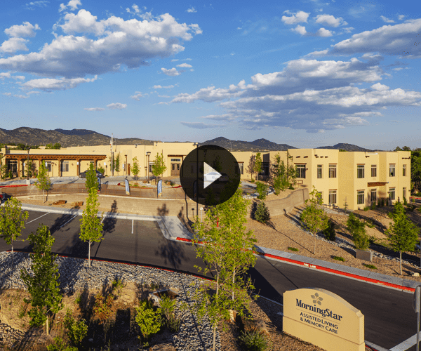 Aerial view of MorningStar Assisted Living building with landscaping