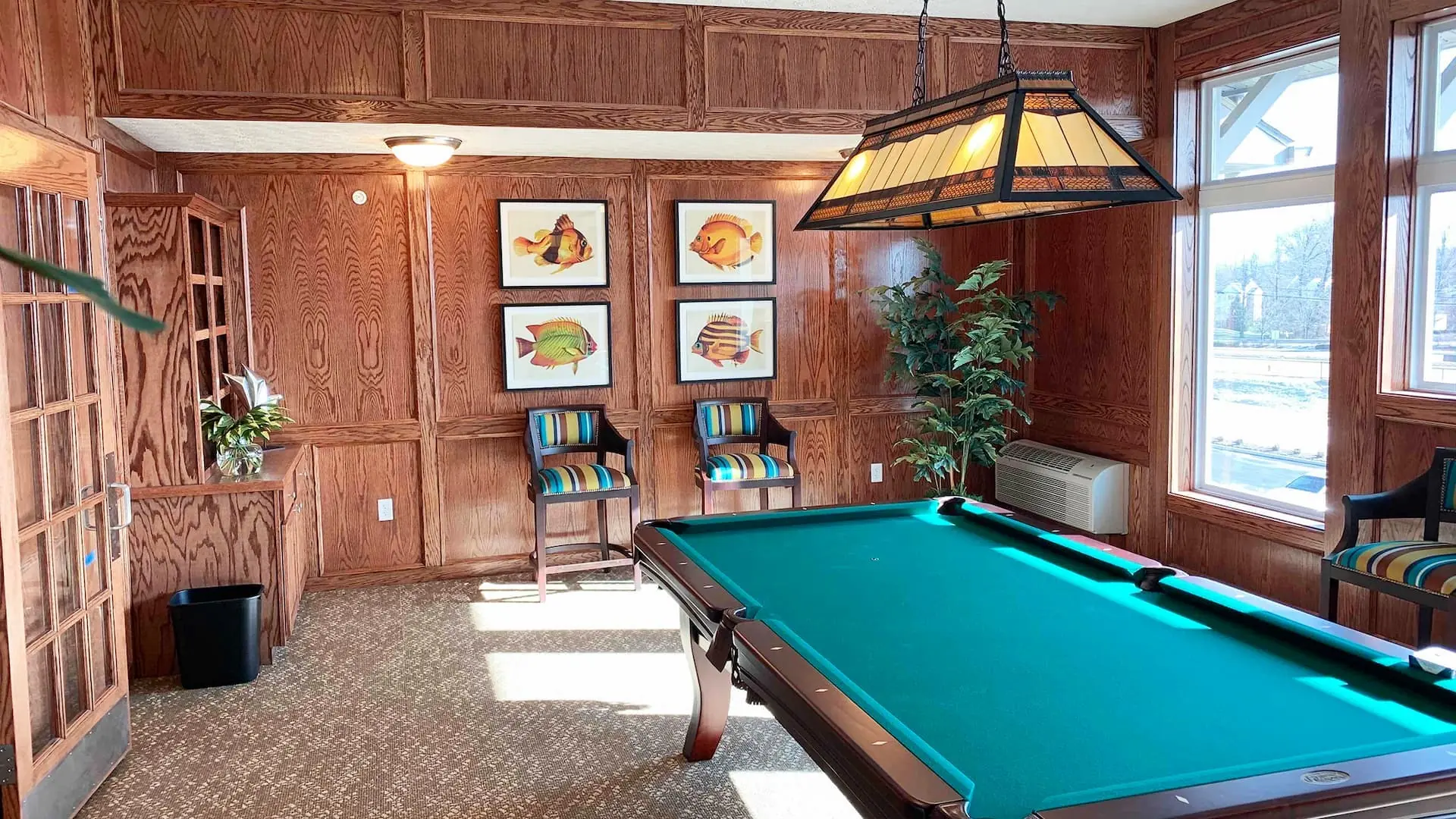 Interior view of a game room with pool table