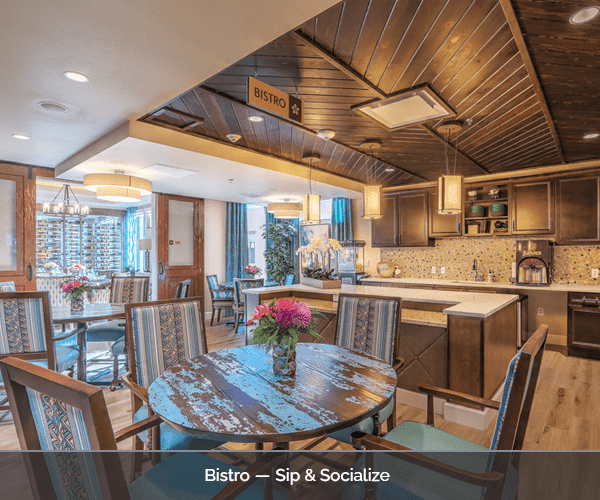 Interior view of the bistro area with dining tables