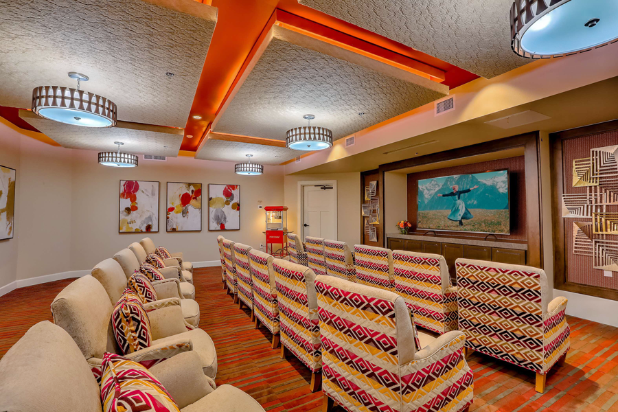 Interior view of a cozy movie theater lounge