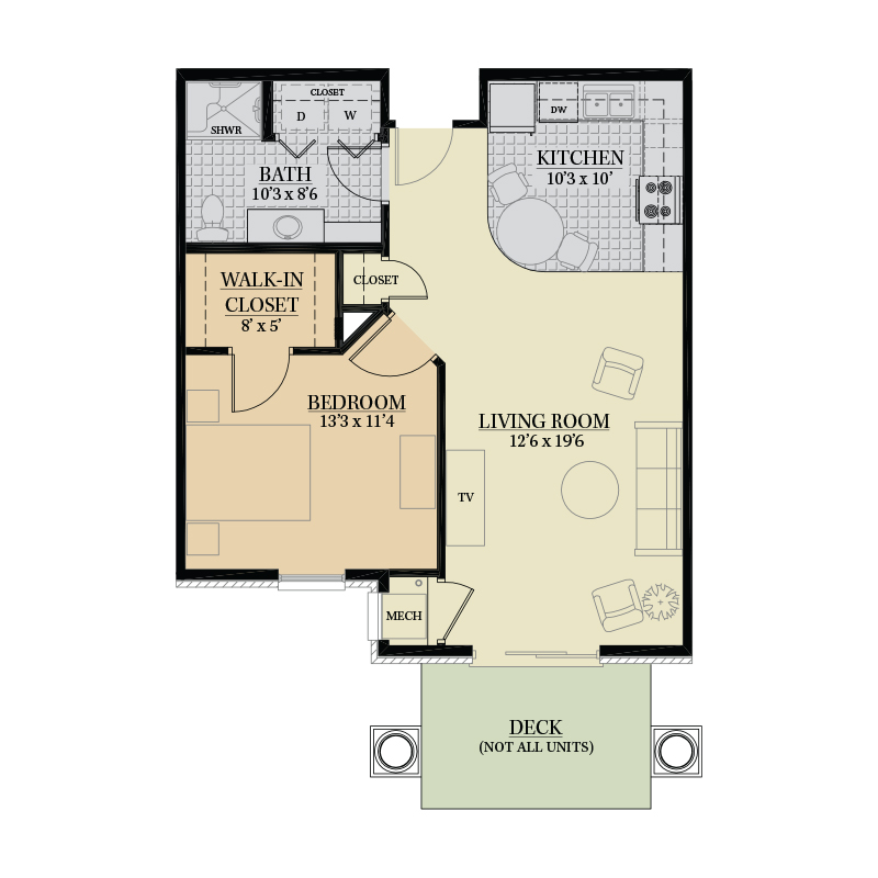 Architectural floor plan of a one-bedroom unit