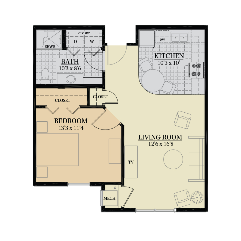 Architectural floor plan of a resident unit