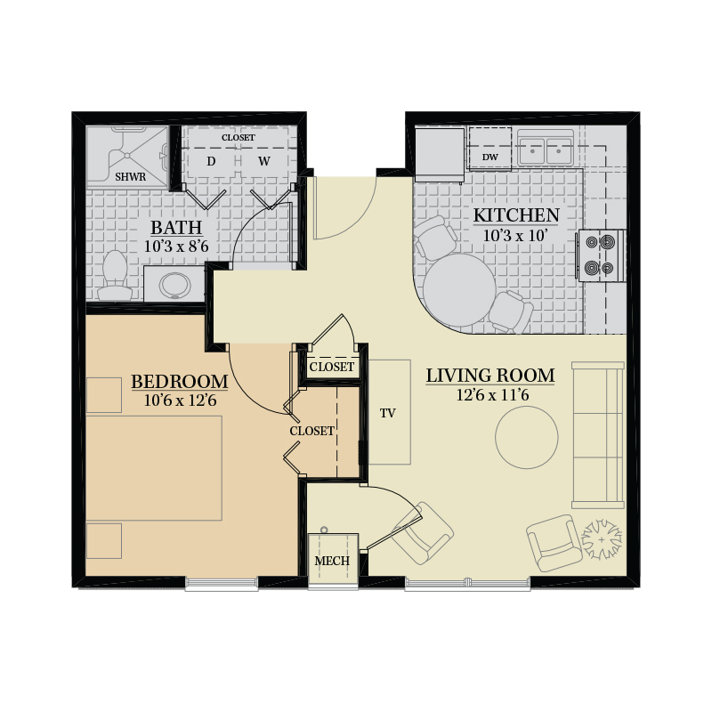 Architectural floor plan of a one-bedroom unit