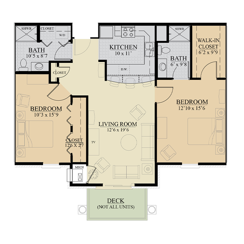 Architectural floor plan of a two-bedroom unit