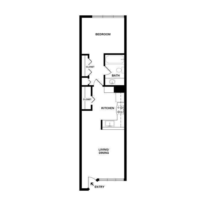Architectural floor plan of a one-bedroom unit