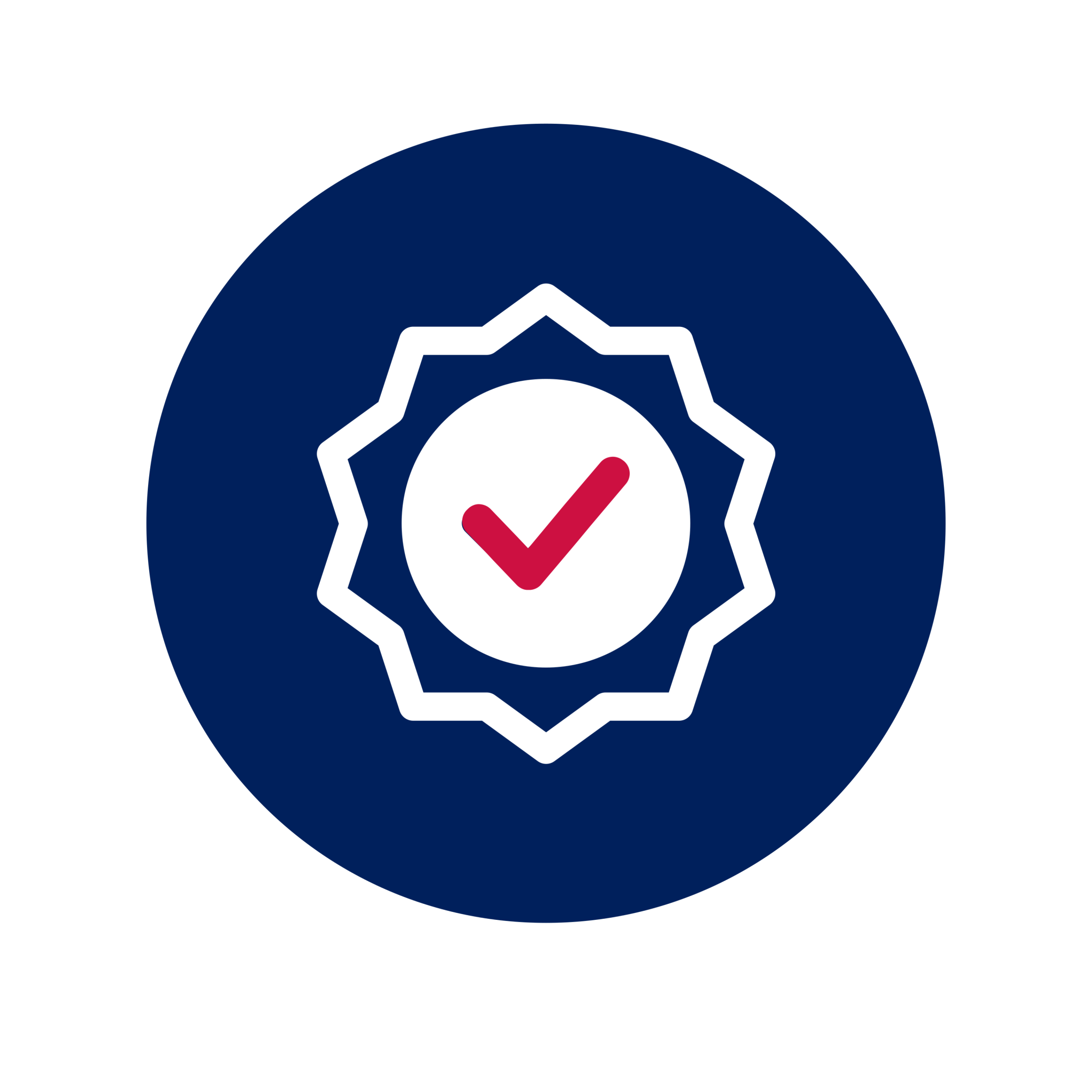 A circular logo featuring a check mark