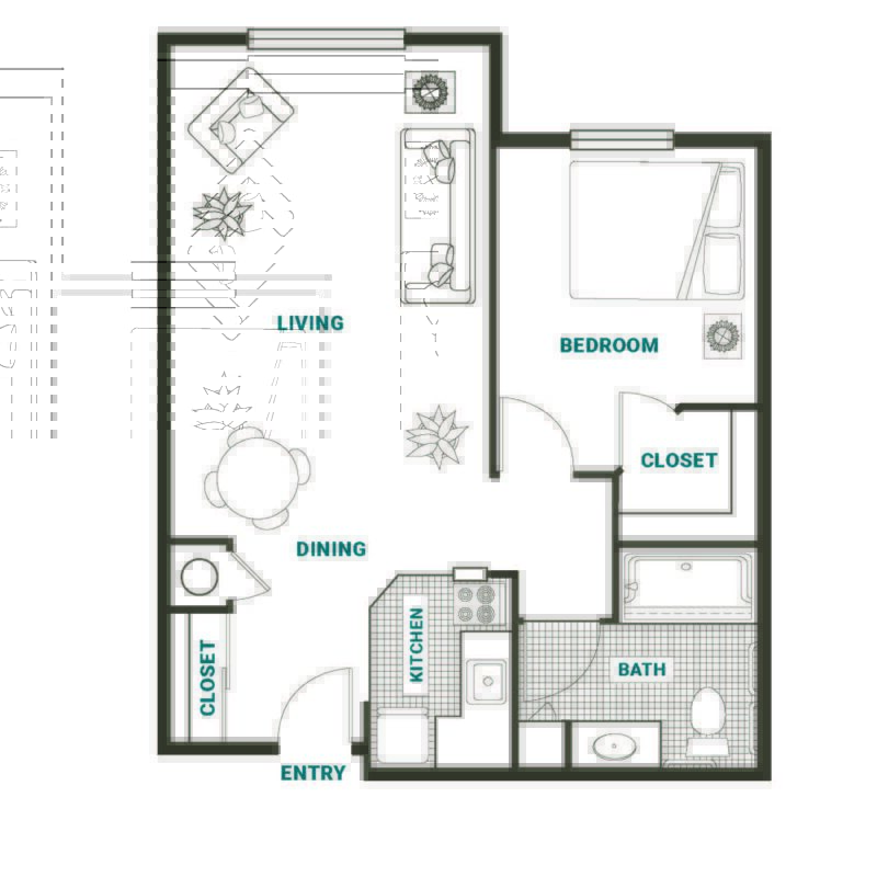 Architectural floor plan of a senior living unit