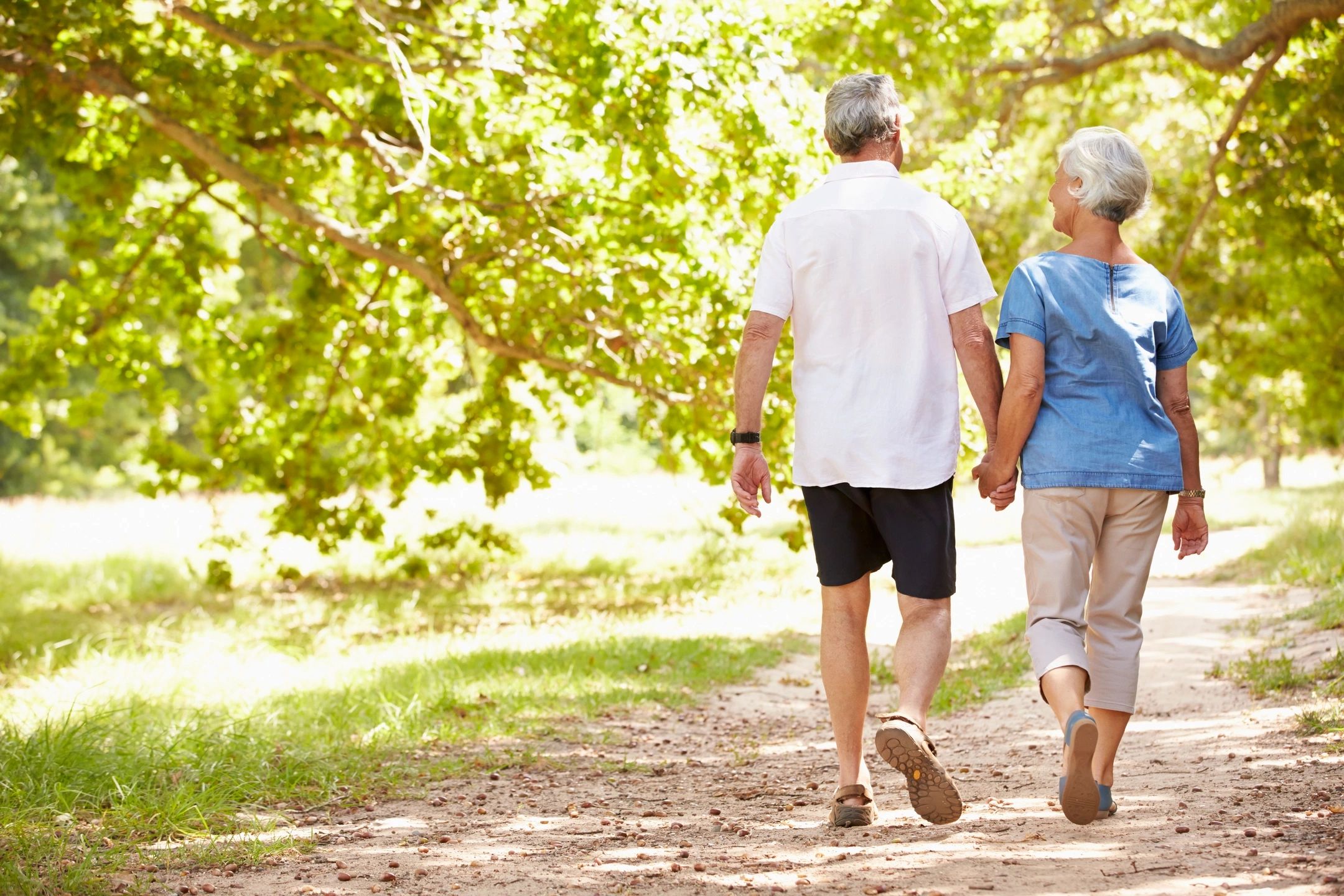 Elderly couple walking hand-in-hand on a sunny path