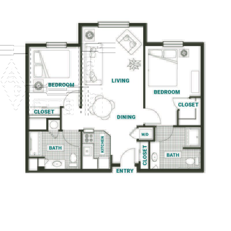Architectural floor plan of a two-bedroom unit
