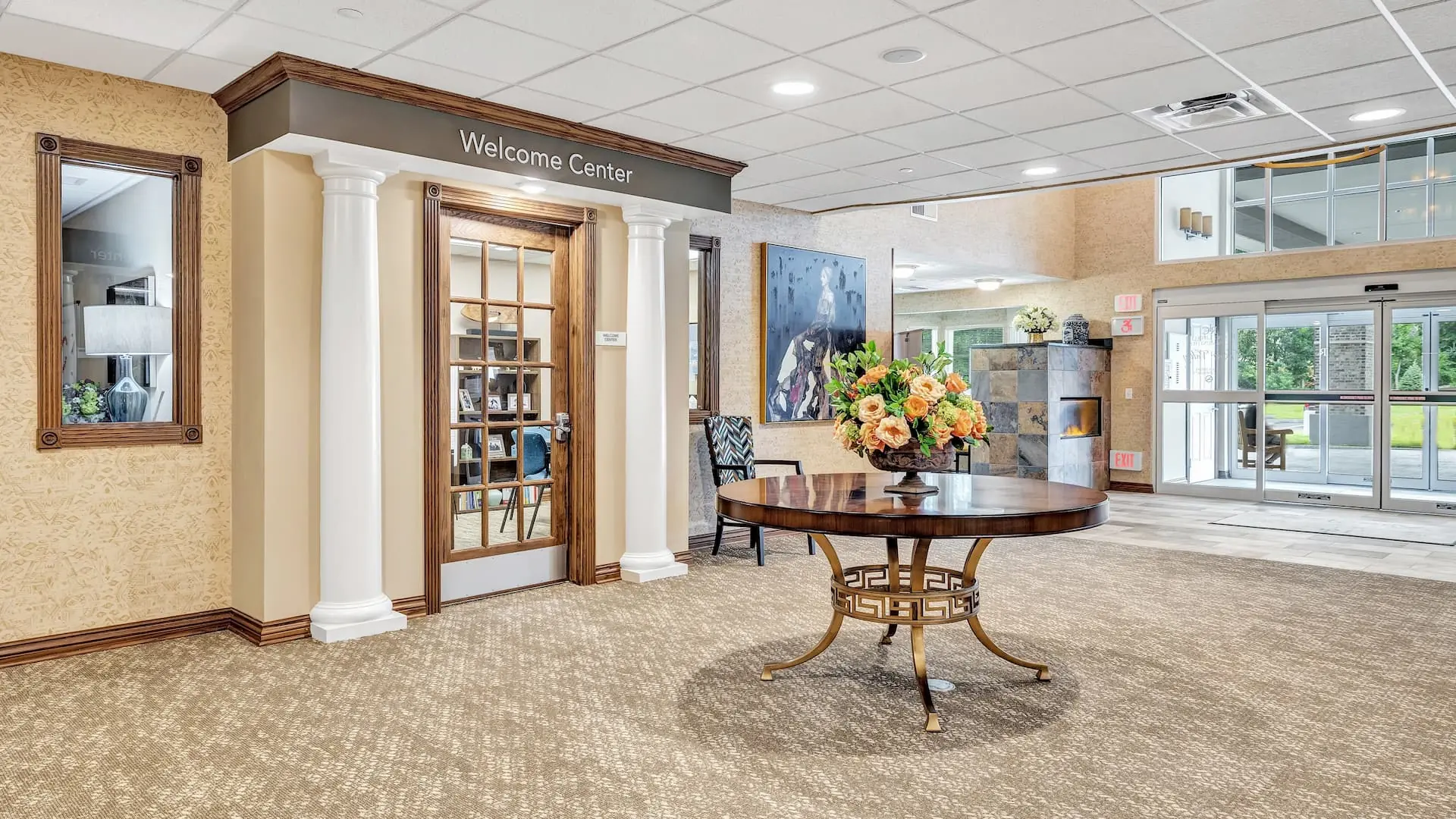 Interior view of the Welcome Center with floral arrangement