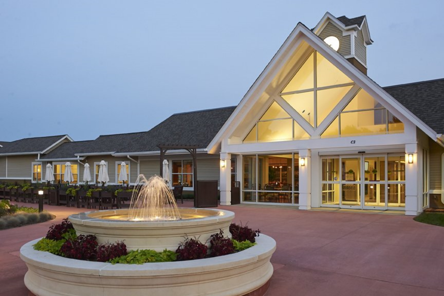 Facade of Fairwinds Woodward Park with fountain