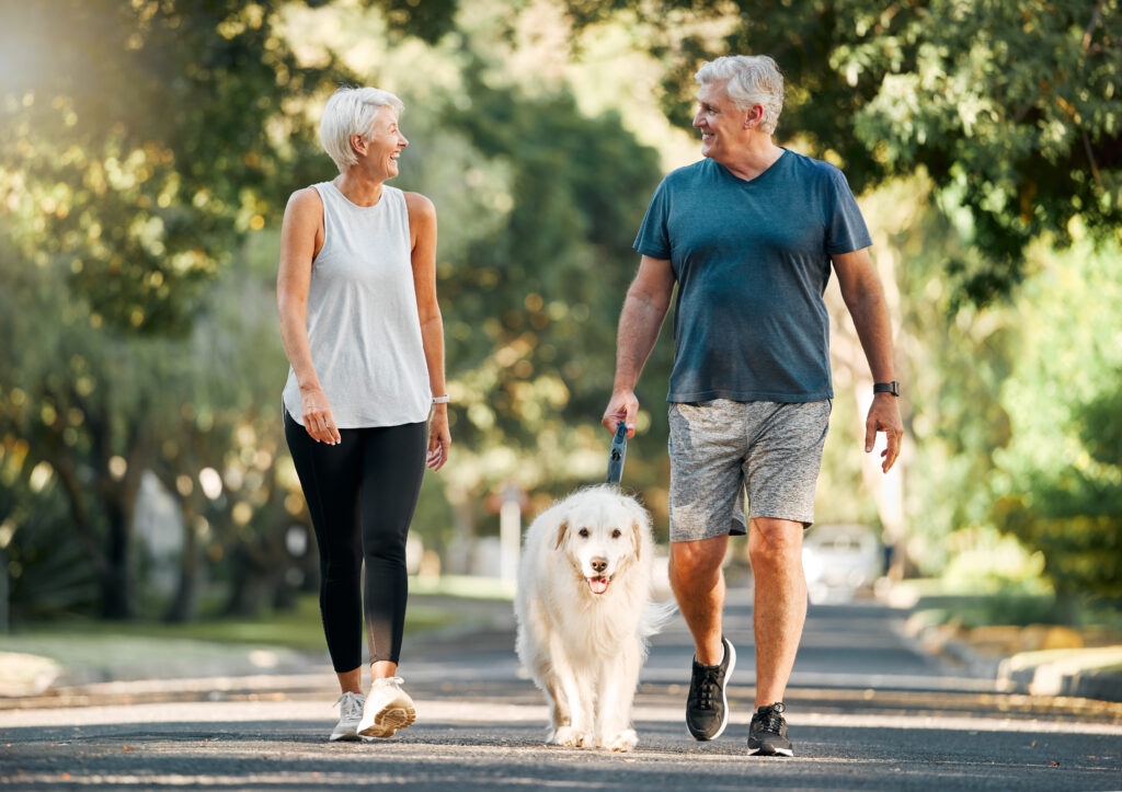 Two seniors walking a dog along a tree-lined path