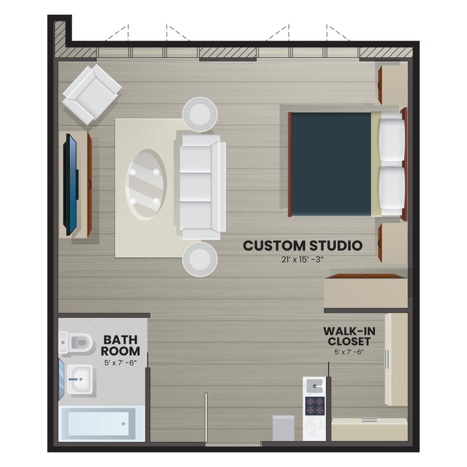 Architectural floor plan of a custom studio