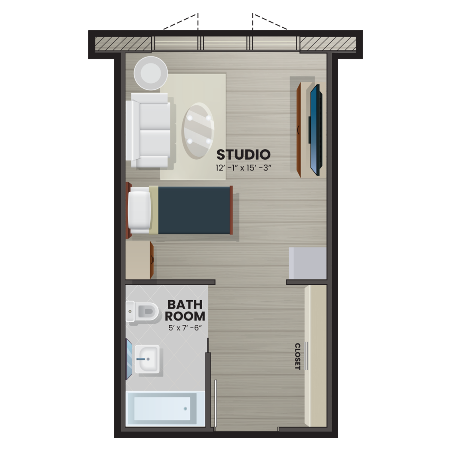 Architectural floor plan of a studio unit