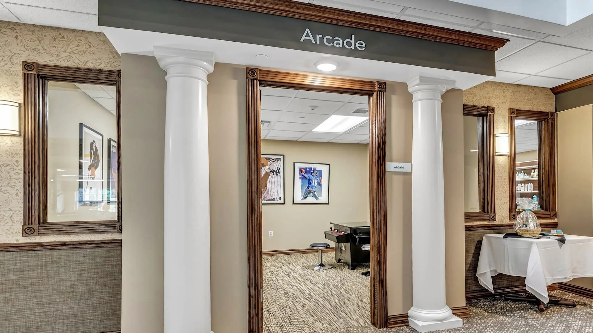 Entrance to the arcade area with decor
