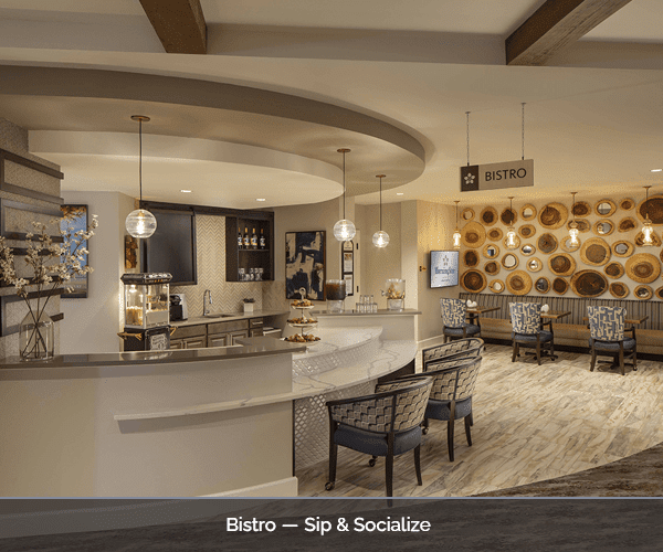 Bright bistro area with seating and decor