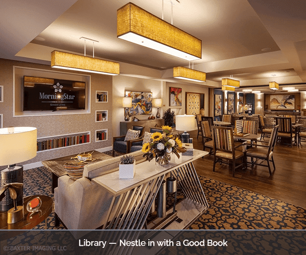 Cozy library area with seating and bookshelves