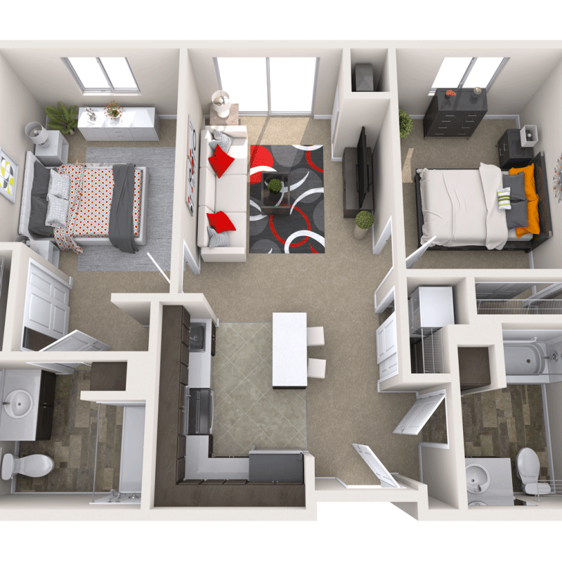 Floor plan of a spacious two-bedroom unit