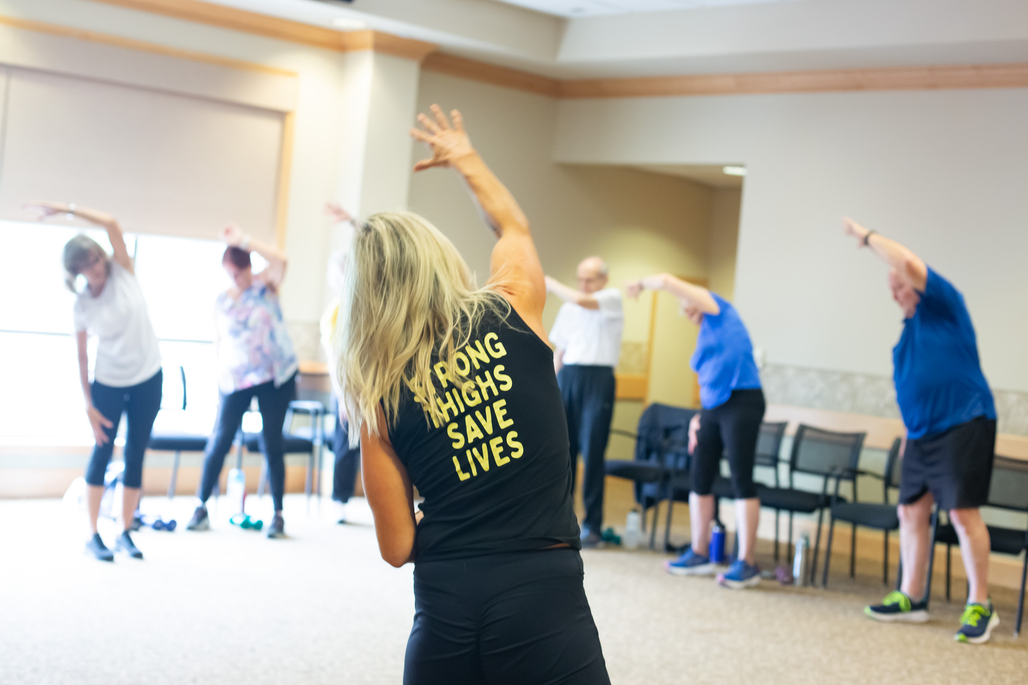 Residents participating in a group exercise class