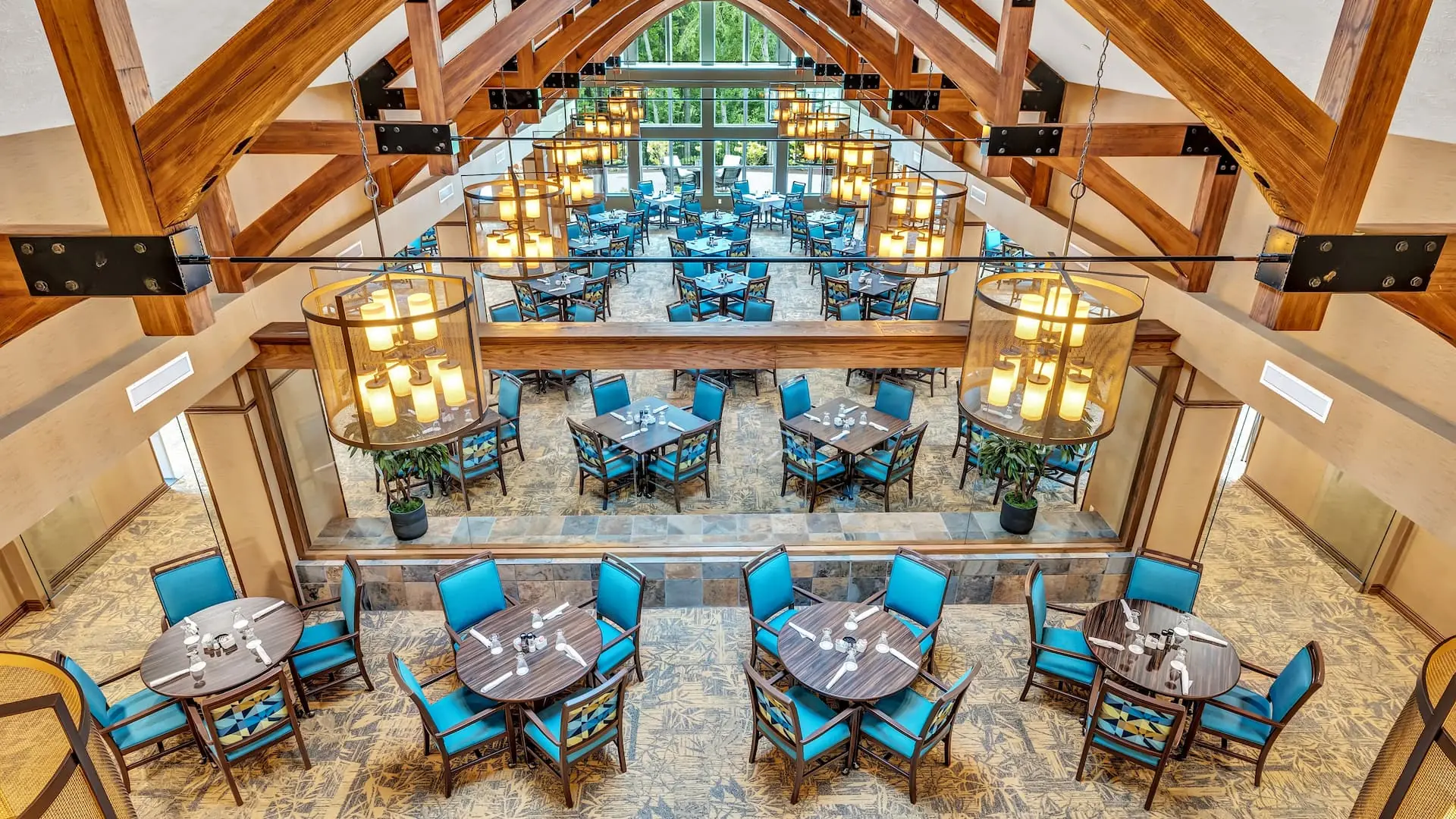 Interior view of a dining room with stylish seating