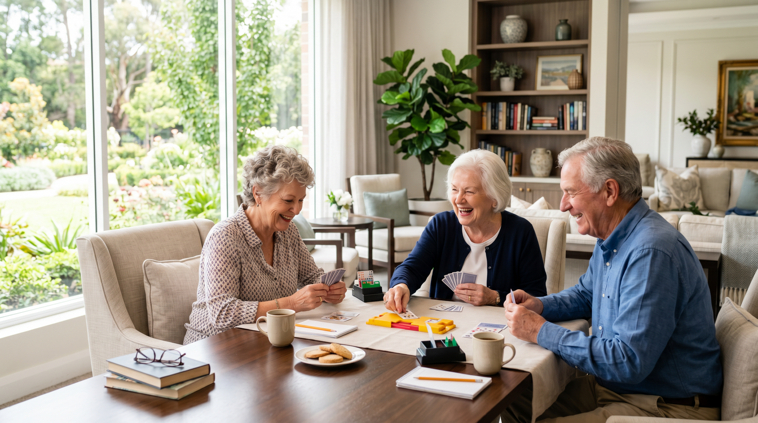 Residents enjoying a card game in a bright common area