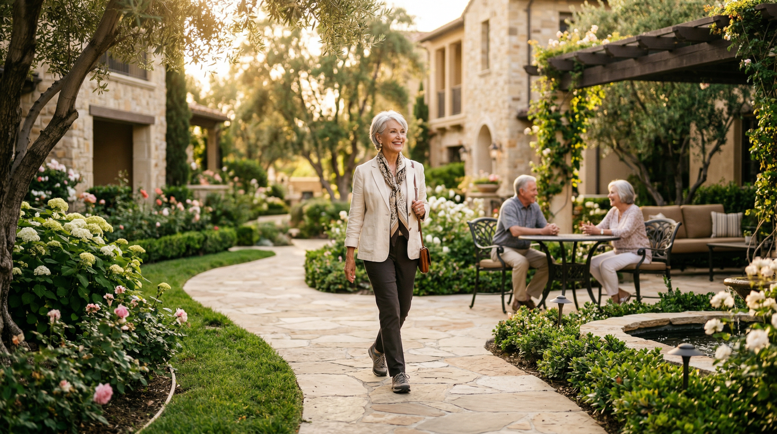 Residents enjoying a scenic garden path in the community