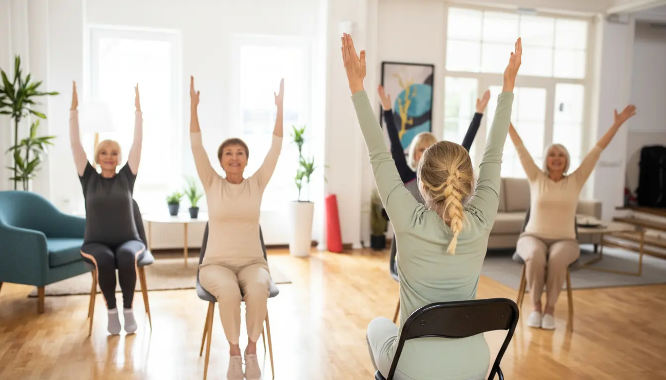 Residents participating in a seated exercise class