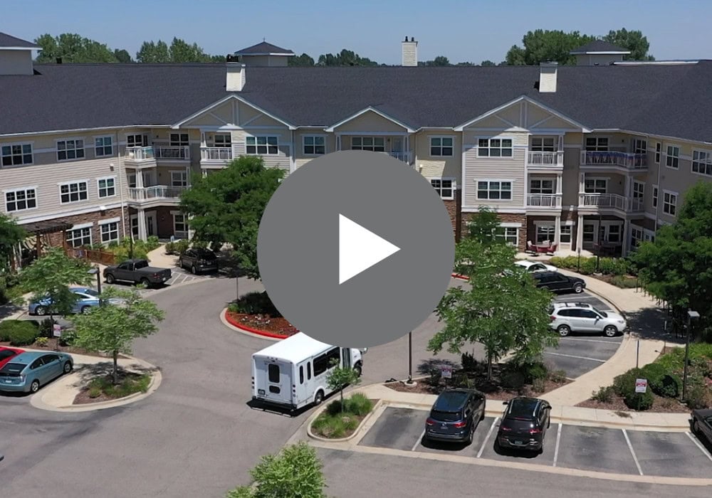 Aerial view of the facility's exterior and parking area