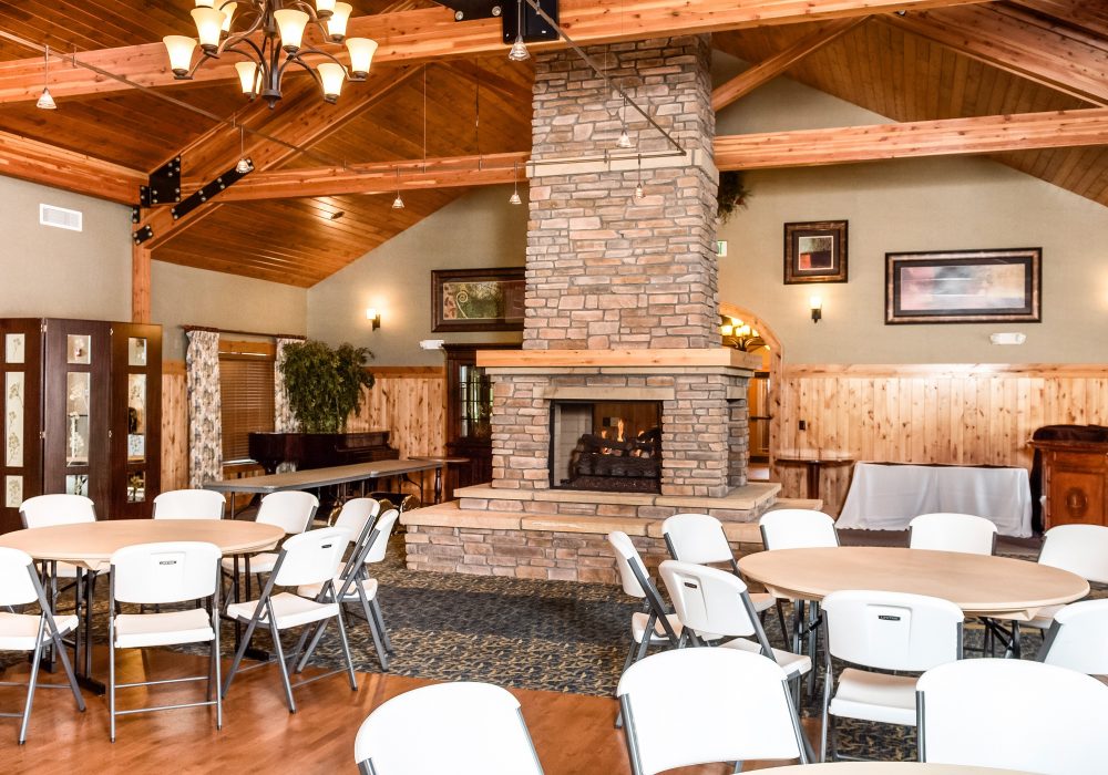 Interior view of a common area with a fireplace