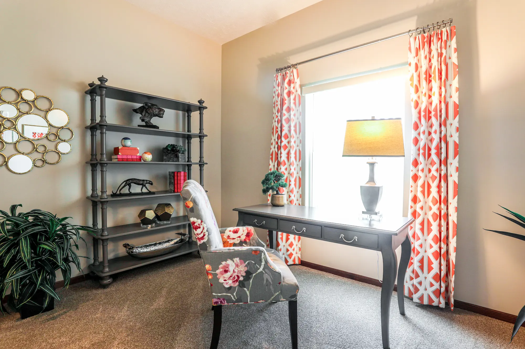 Bright interior room with a stylish desk and decor