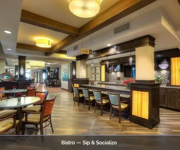 Interior view of the bistro area with seating and decor