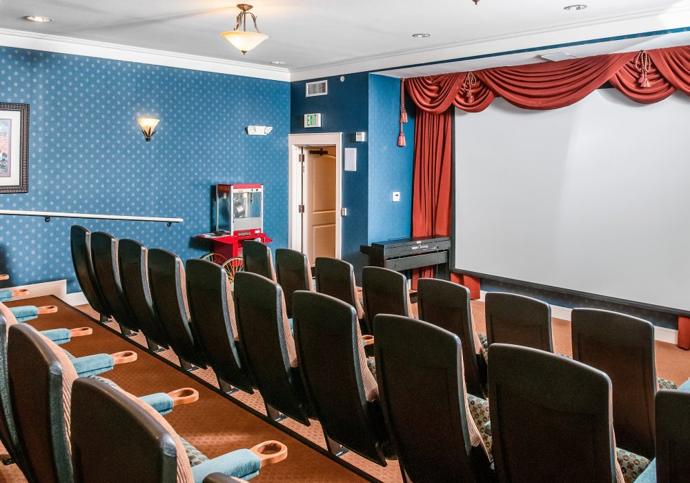 Interior view of a small movie theater room