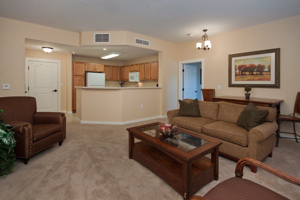 Cozy living room in a senior living facility apartment