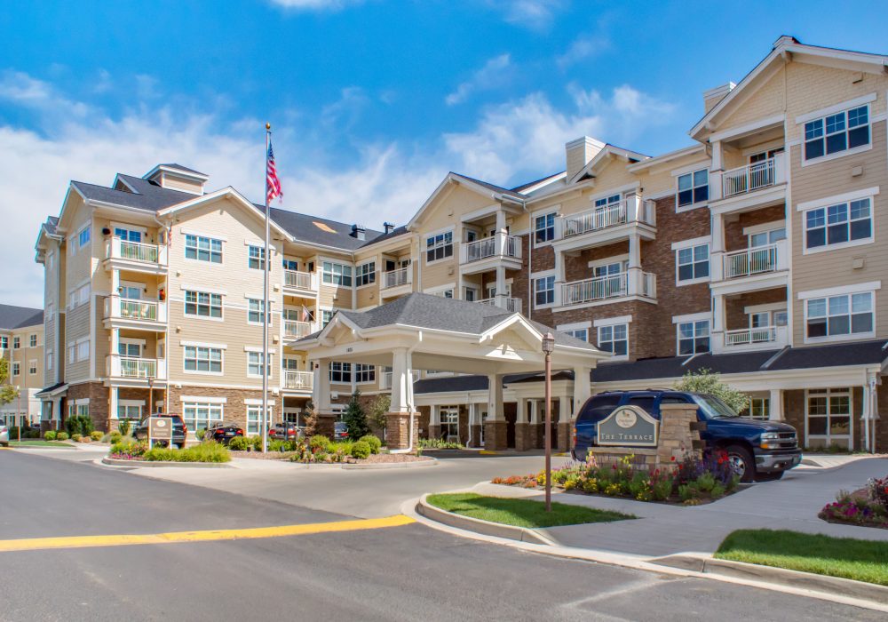 Exterior view of Fairwinds Woodward Park facility with landscaping