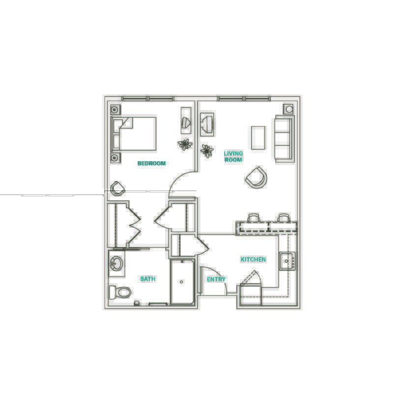 Architectural floor plan of a one-bedroom unit