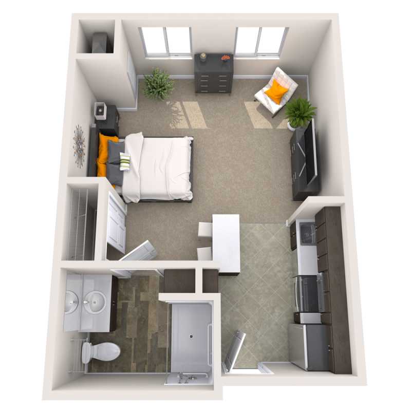 Layout of a one-bedroom resident unit