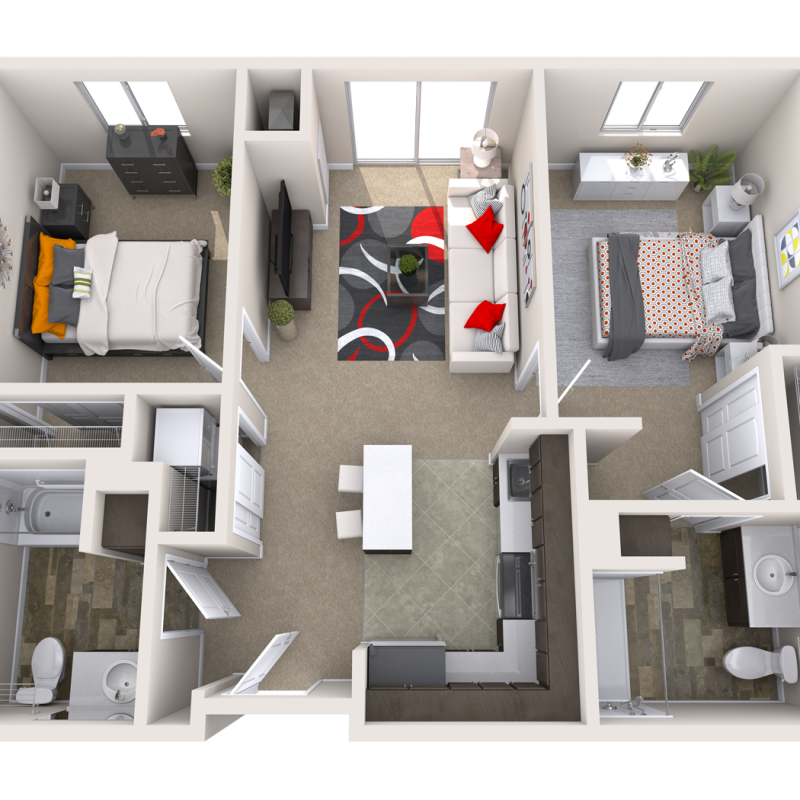 3D floor plan of a two-bedroom apartment