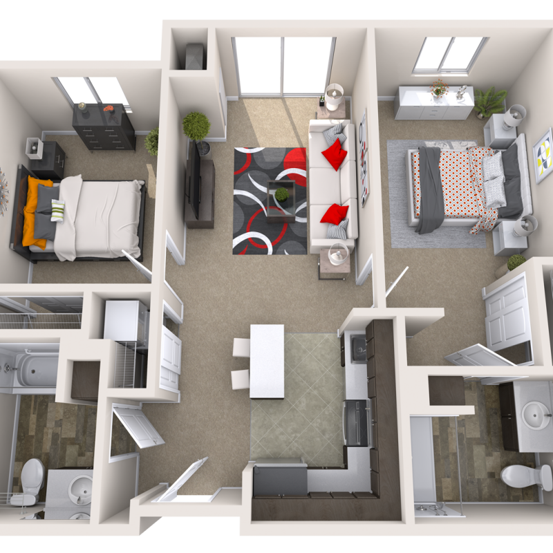 Interior layout of a two-bedroom apartment with living area